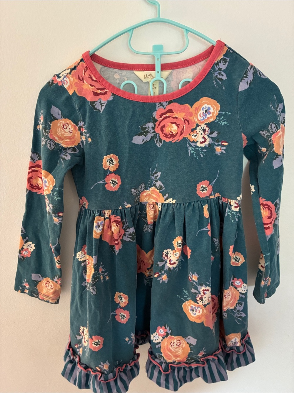 Matilda Jane Teal Floral Long-Sleeve Twirl Dress with Coral Accents